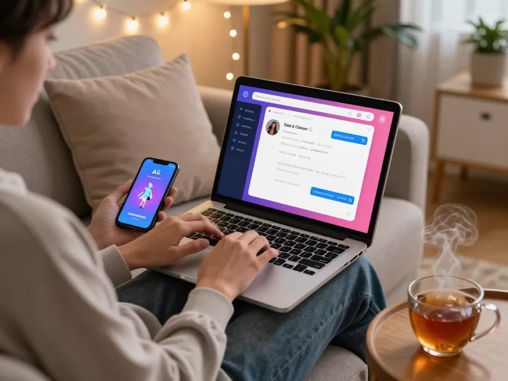 A person enjoying an ai sex chat interaction on a laptop in a cozy living room, showcasing digital engagement.