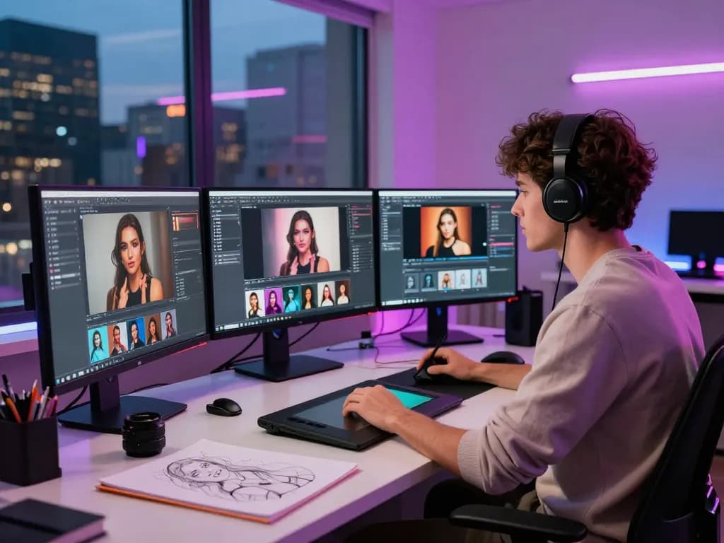 Dynamic workspace where ai porn is created with advanced technology and vibrant lighting.