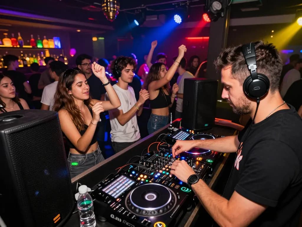 8Day DJ mixing tracks at vibrant nightclub with colorful lights and energetic crowd.