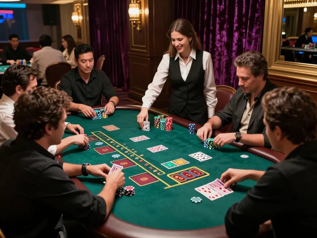 Players engaging in a strategic blackjack game at a casino table featuring C189 betting chips.