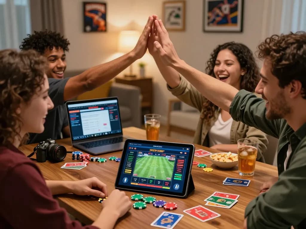 Engaging online betting scene at https://topbet8x.com/ with friends, sports matches, and colorful chips.