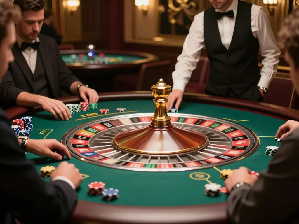 F168 roulette gameplay showcasing players placing bets and croupier spinning the wheel in a luxurious setting.