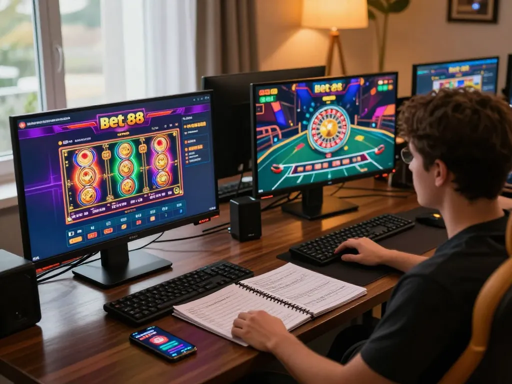 Player engaging with bet 88 casino games on multiple screens, showcasing strategic gameplay and vibrant visuals.