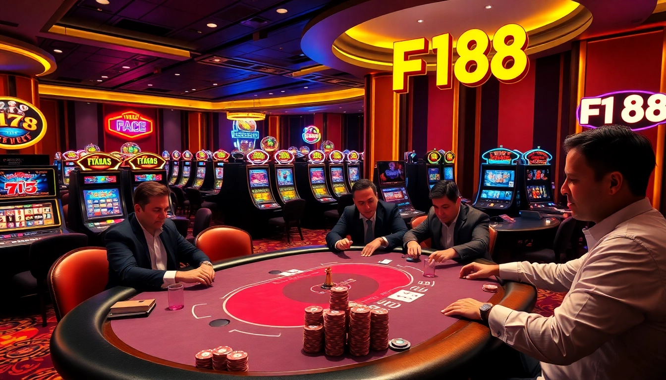 F168 casino scene featuring a lively poker game with vibrant slot machines in the background.