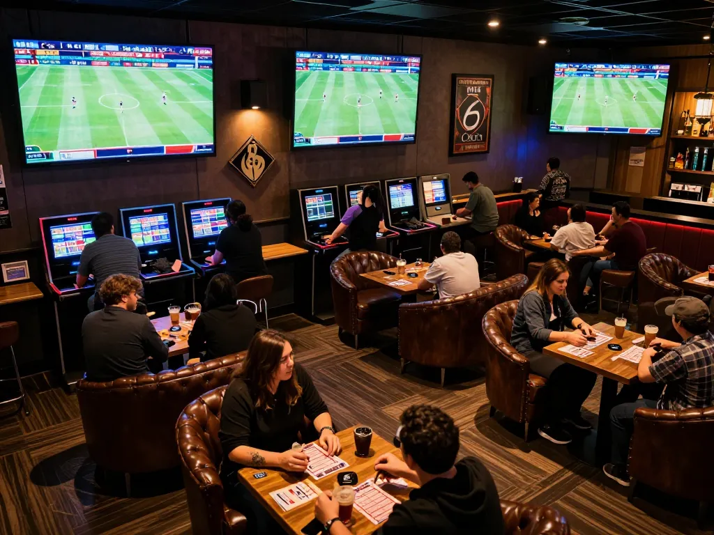 Tỷ lệ kèo nhà cái 5 on display as excited punters engage in sports betting at a luxurious lounge.