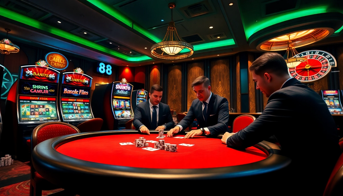PU88 casino players engaging in a thrilling game at an upscale poker table with slot machines nearby.