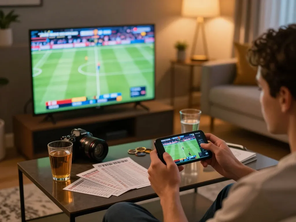 Engaged player betting on Nhà cái okwin platform while enjoying a sports game at home.