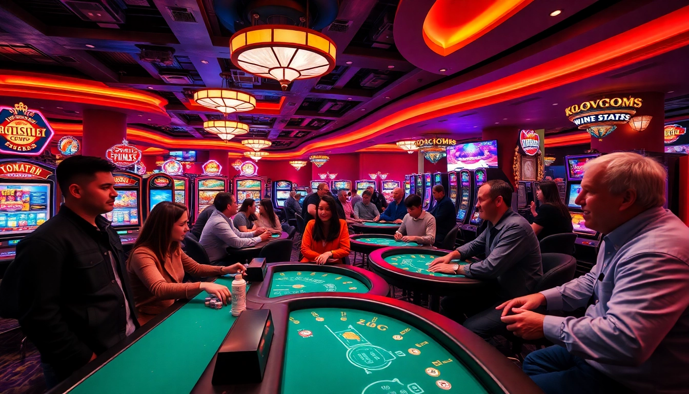 Exciting casino atmosphere at king88 with players enjoying various games and vibrant lighting.
