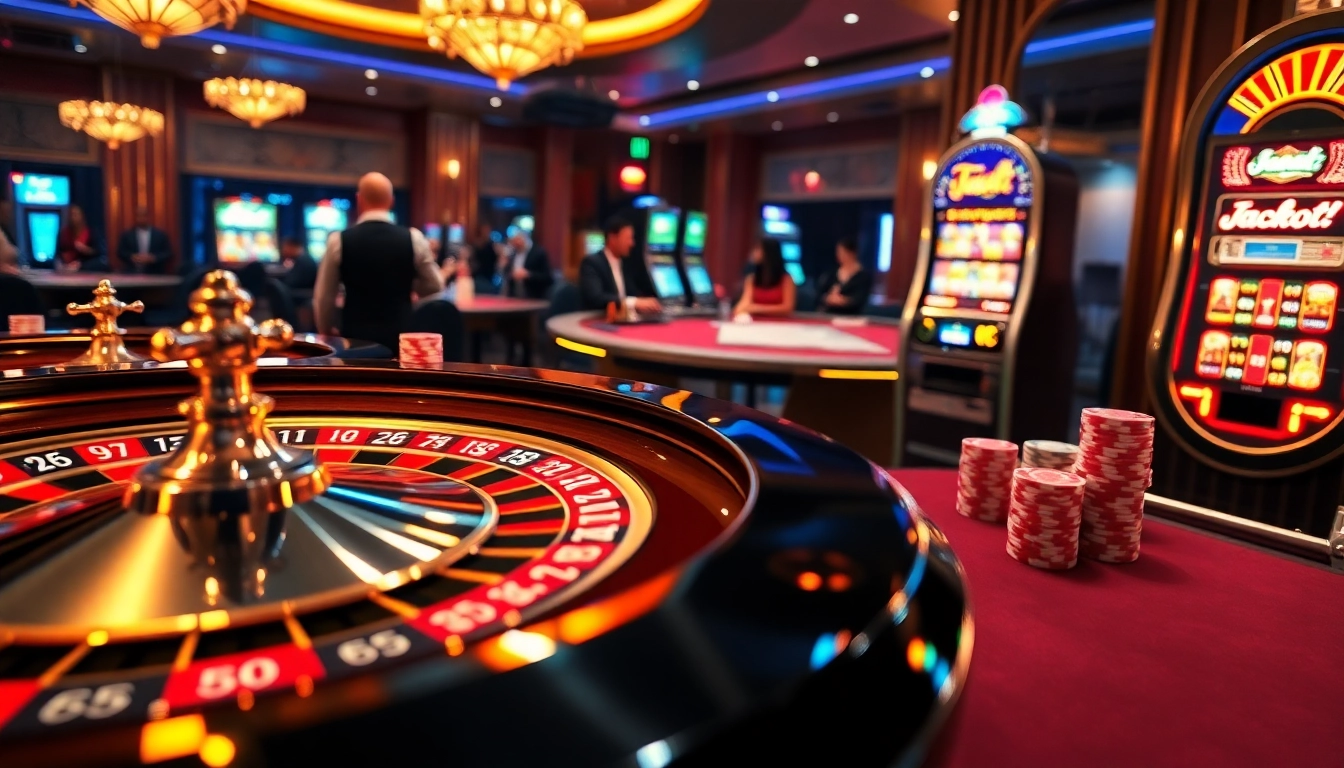 Experience high-stakes action at https://nohu90vn2.com/ with an elegant casino scene featuring roulette and poker.