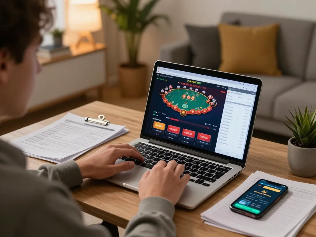 Player engaging with fa88 online gaming on laptop, surrounded by strategic notes and cozy decor