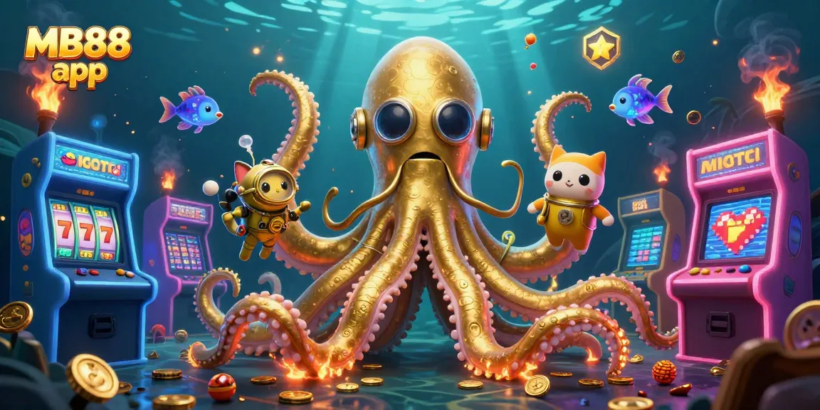 Engage with the thrilling MB88 app showcasing a vibrant kraken, treasure, and exciting slot elements.