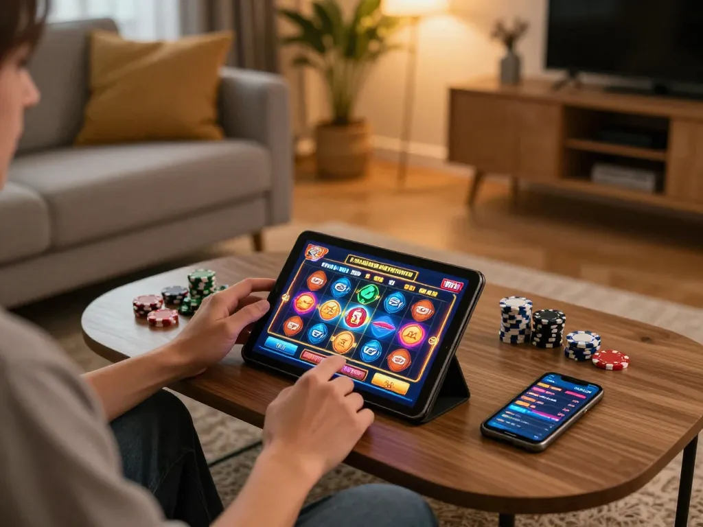 Player enjoying a vibrant online slot game on 999bet tablet, showcasing an exciting home gaming atmosphere.