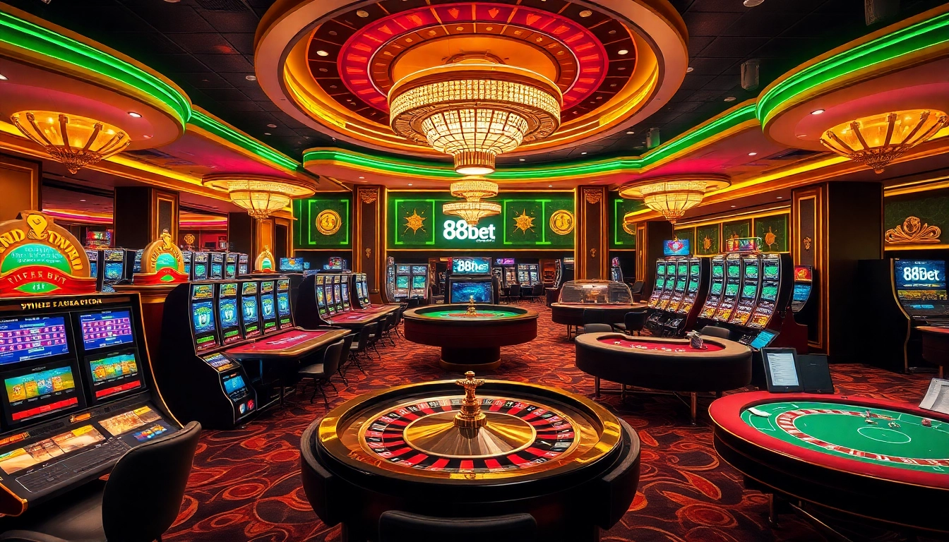 88bet players enjoying high-stakes poker and slot machines in a luxurious casino atmosphere.