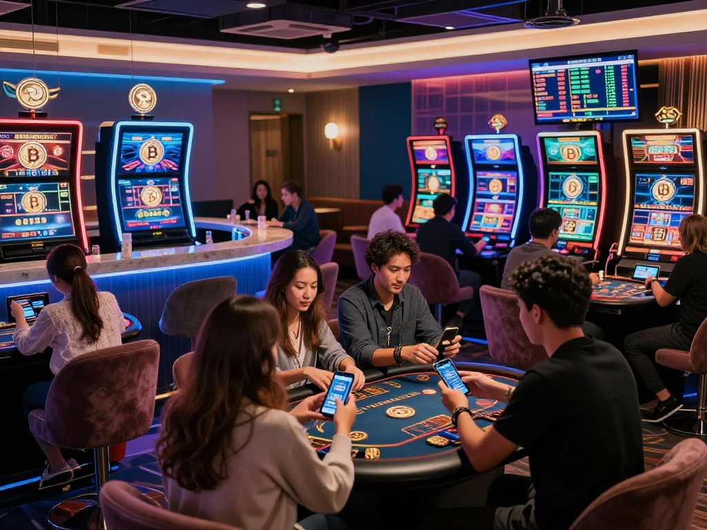 Exciting crypto casino gaming experience with players at digital tables, vivid crypto graphics.