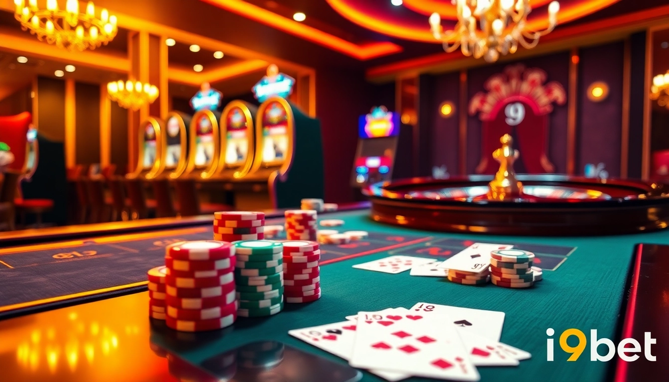 Experience the excitement of i9bet with a vibrant casino scene featuring poker chips and slot machines.