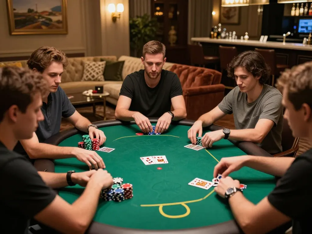 Kong88 players engaging in a thrilling poker game, showcasing strategic moves and vibrant chips on display.