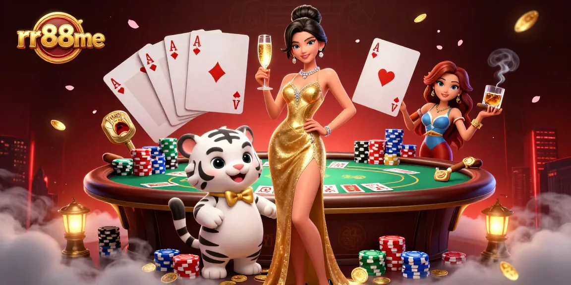 Experience the thrilling atmosphere of rr88me's casino with a glamorous illustration featuring winning poker elements.