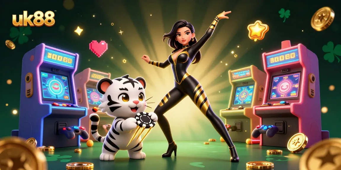 Play exciting games at uk88 with a stunning 3D illustration featuring a vibrant casino scene.