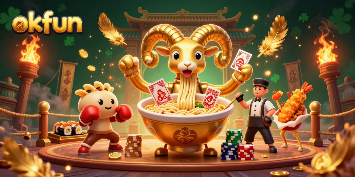 Engage in thrilling gameplay at okfun with a dynamic casino scene featuring animated food characters.