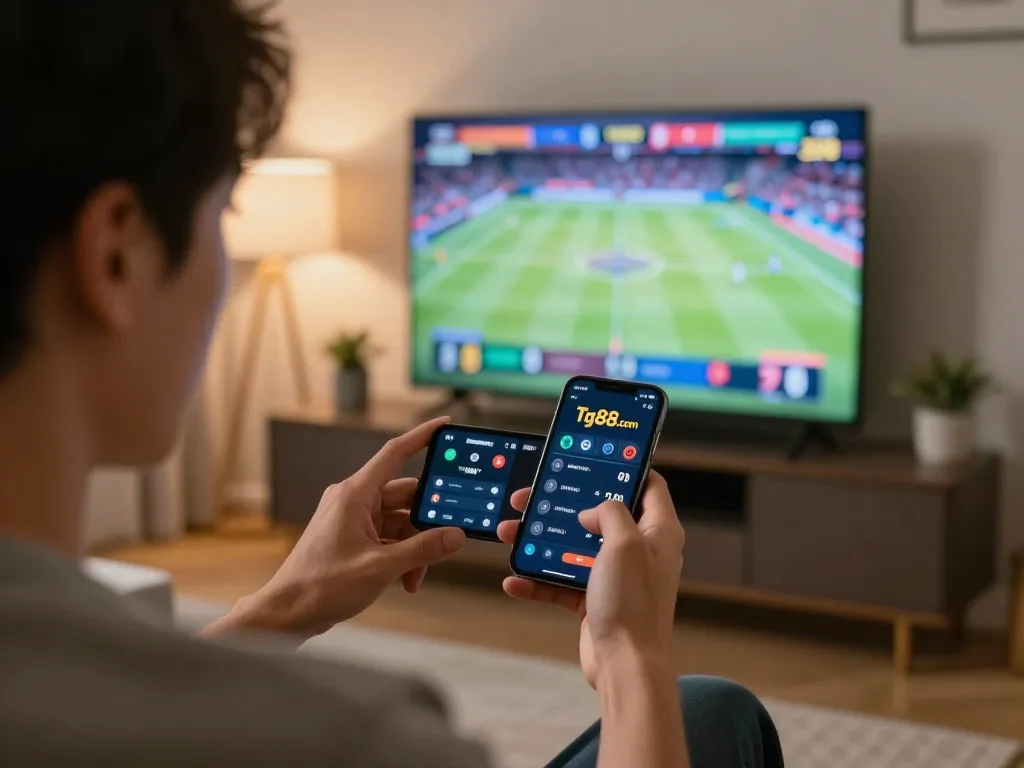 Engaged player using smartphone for sports betting at Tg88.com in a cozy home setting.
