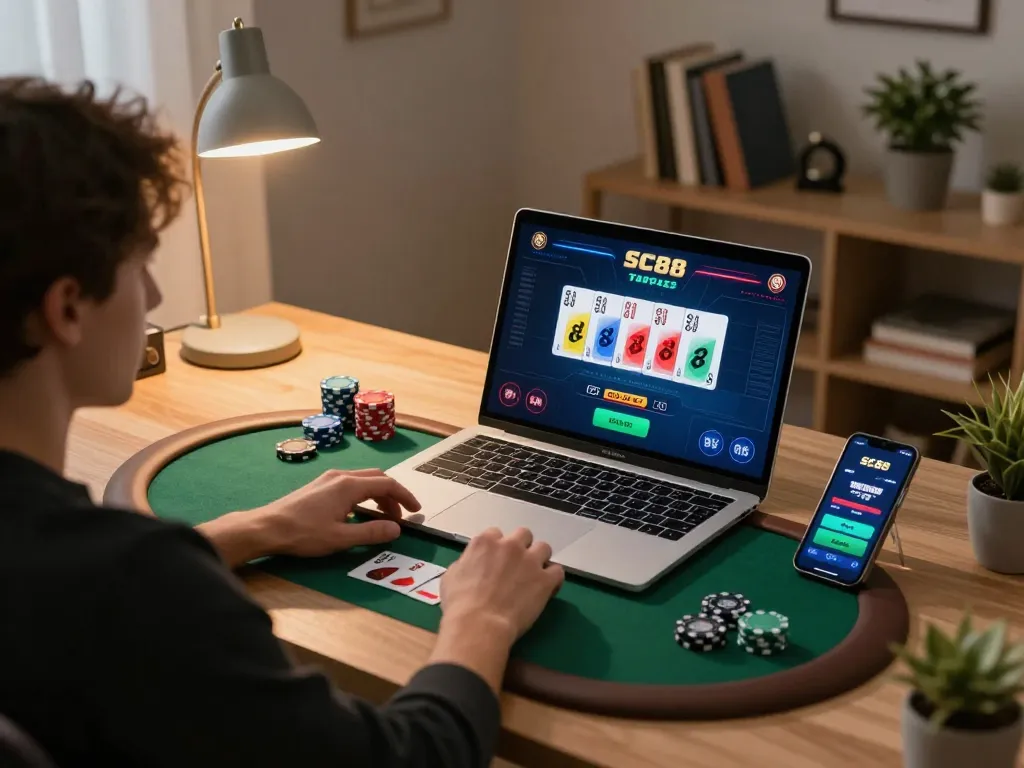 Engage in strategic poker gameplay at home with SC88, showcasing cards and chips on screen