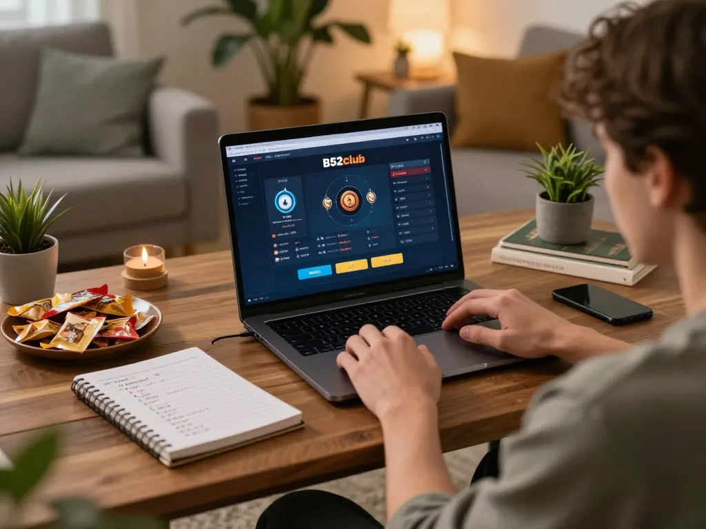 B52club player enjoying online gaming session on laptop in cozy home environment