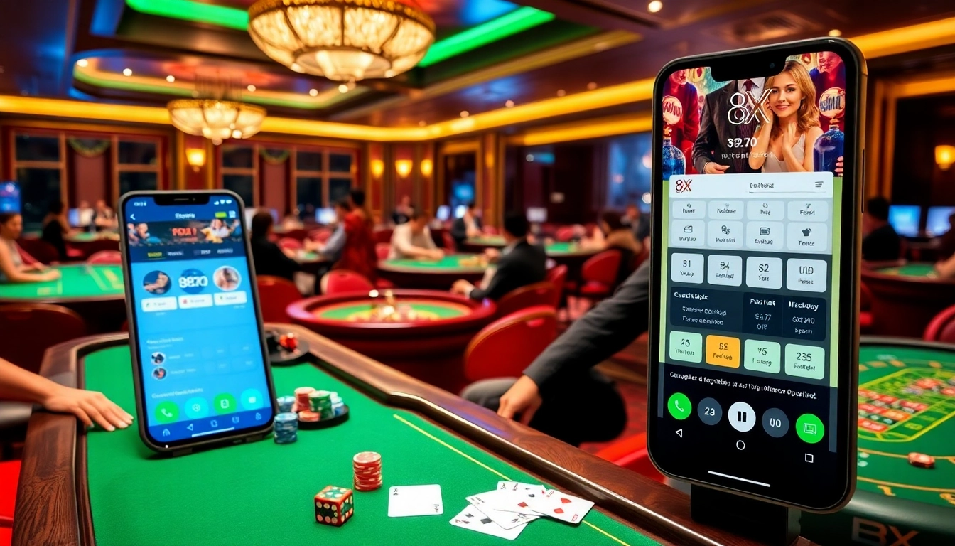 Players engaging with 8XX app interface at a vibrant casino table atmosphere.