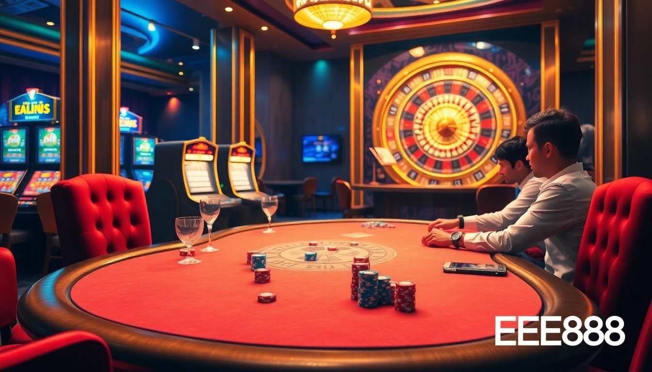Players enjoying a vibrant EE88 poker game in a luxurious casino setting.