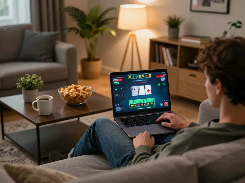 Engaging in online poker gameplay at home with vipwin2, showcasing strategy in a cozy atmosphere.