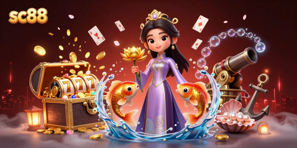 Experience casino excitement with sc88's vibrant 3D scene featuring games, koi fish, and a captivating woman.