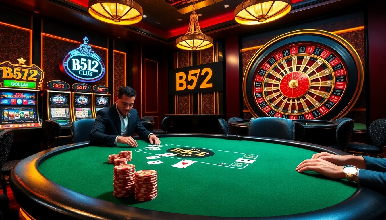 B52Club poker players experiencing high-stakes action in a luxurious casino setting.