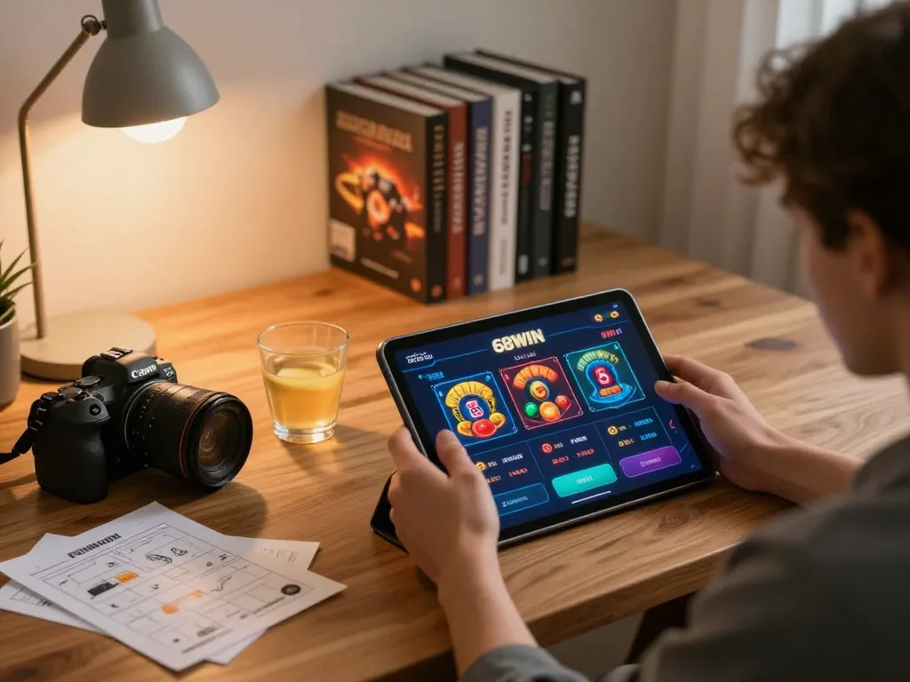 Experience thrilling gameplay on the 68WIN app with a cozy home gaming setup, showcasing vibrant betting options.