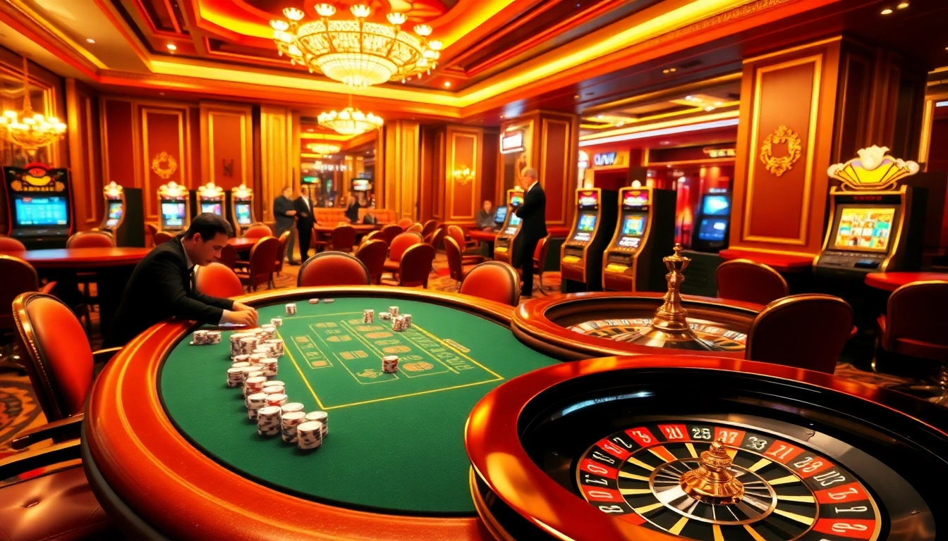 Engage in excitement with rr88 đăng nhập at a luxurious casino setting showcasing poker and roulette.
