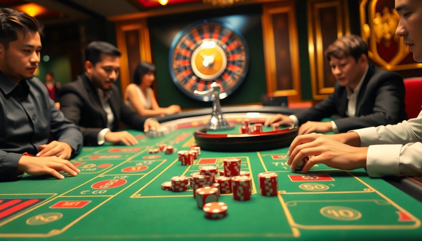 Engaged players enjoying Tài Xỉu MD5 in a vibrant casino setting with professional gaming elements.