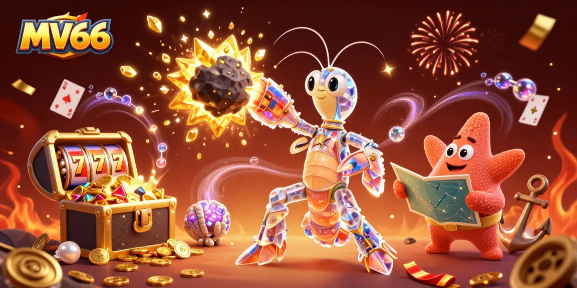 Experience the thrill of MV66's casino games with vibrant characters, slot symbols, and sparkling gems.