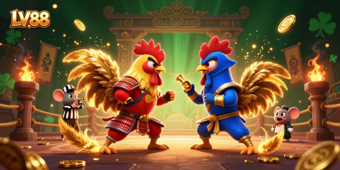 Experience thrilling battles with LV88's fighting roosters in this dynamic casino illustration.