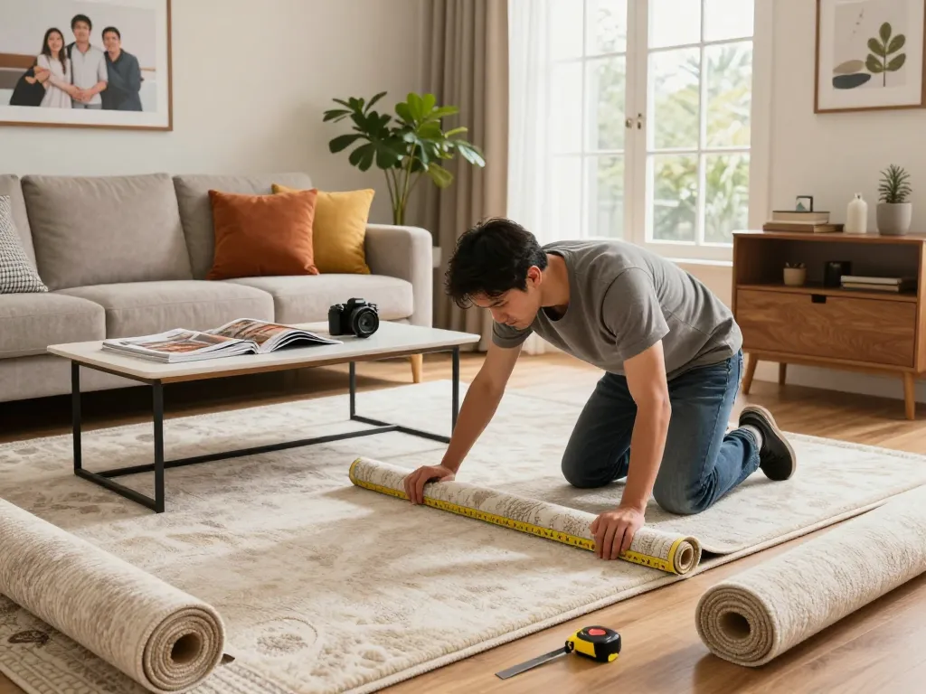 Expert carpet fitting services West London in a cozy living room with skilled professional measuring and cutting carpet.