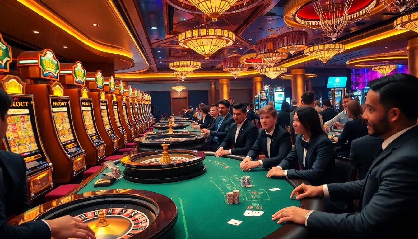 Players enjoying various games at 9BET's luxurious casino, featuring poker tables and vibrant slot machines.