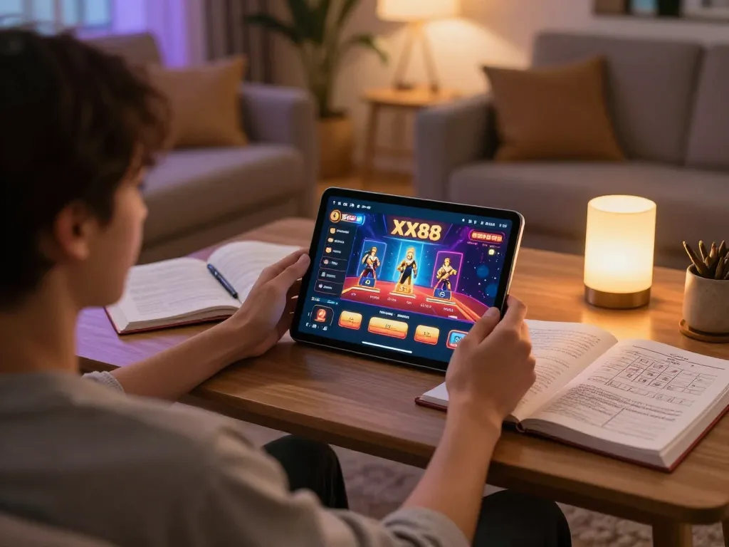 Engaging in online gaming at XX88 with a tablet, notes, and warm lighting in a cozy setting.
