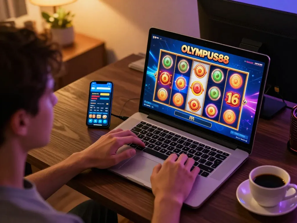 Gamblers spin reels on OLYMPUS88 slot machine, enjoying a colorful home gaming setup.