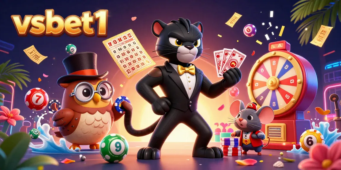 Engaging scene of vsbet1's cartoon characters, vibrant lottery game elements, dynamic casino atmosphere.