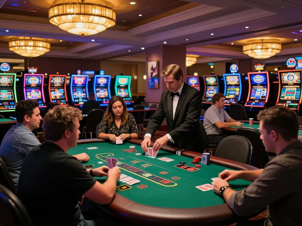 Players at O8 casino engaging in a lively blackjack game under warm chandeliers.