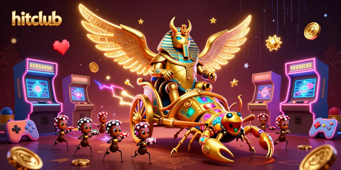hitclub showcases thrilling gameplay with a golden scarab in a dynamic casino scene filled with gaming elements
