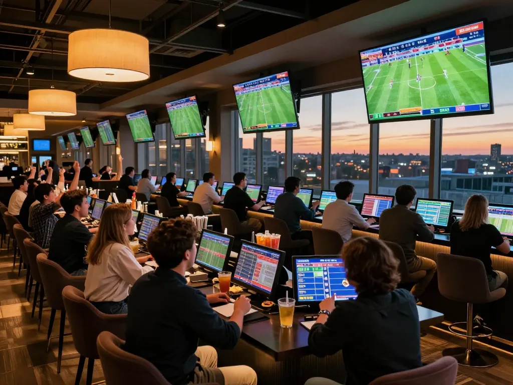 Fans engaging in sports betting while watching live ฟุตบอล match, dynamic lounge atmosphere, excitement and strategy.