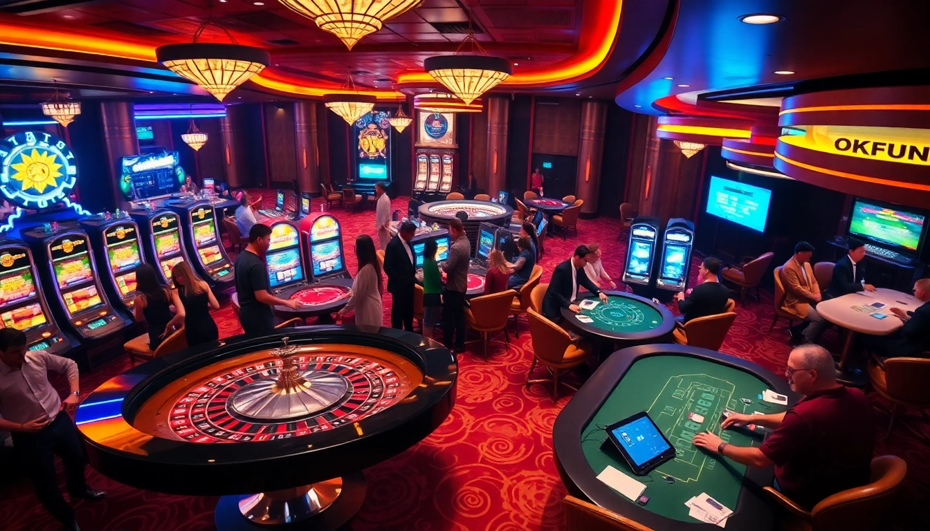 Experience high-stakes excitement at OKFUN casino with players engaging at roulette and poker tables.