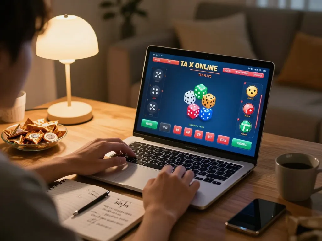 Engaging in tai xiu online gameplay at home, showing a lively gaming interface and strategic notes.