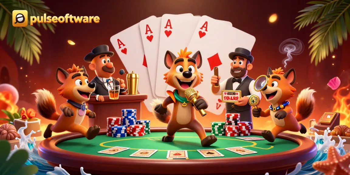 Pulsesoftware showcases hyenas in a vibrant casino scene with poker elements and a comedy act.