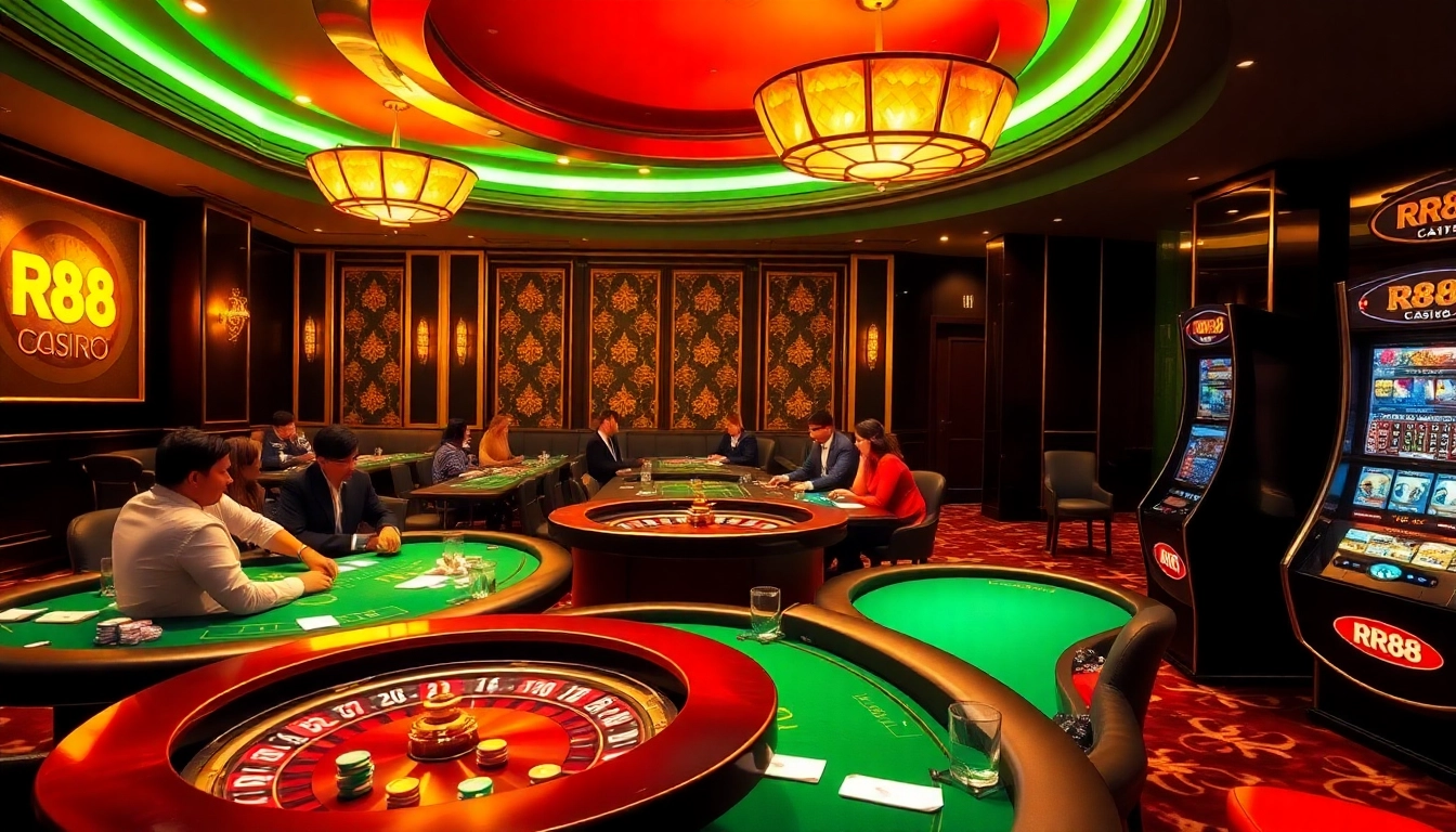 RR88 casino scene with players at poker tables and a vibrant roulette wheel.