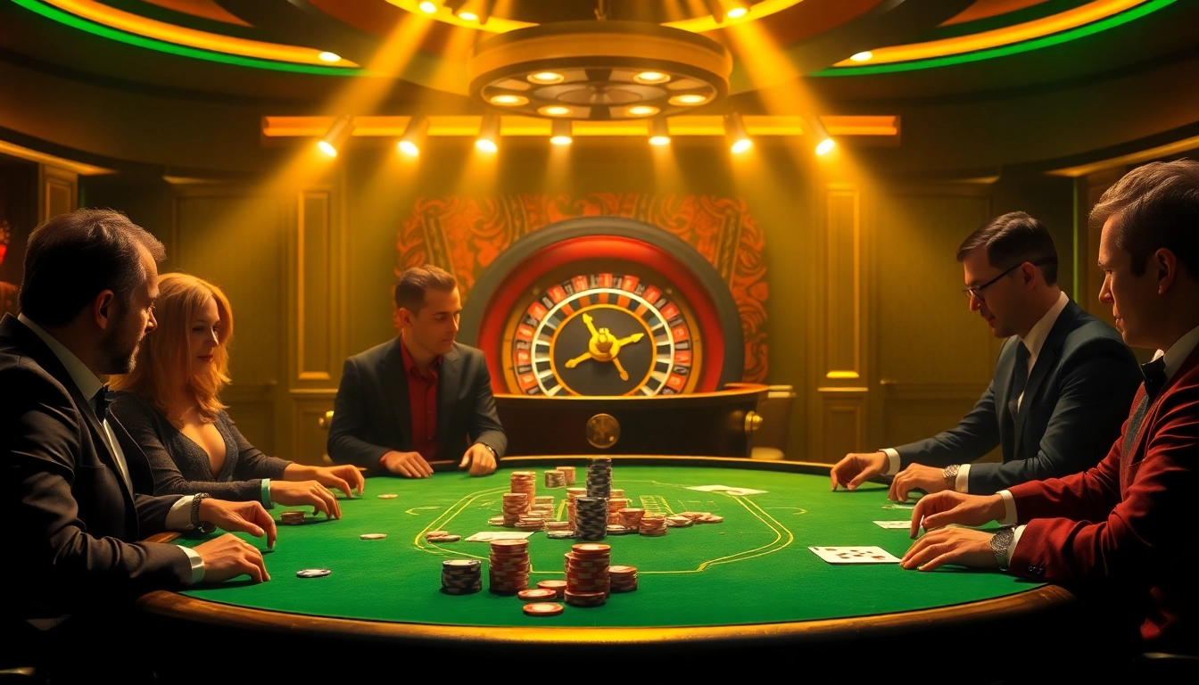 Players strategizing at a poker table in a luxurious 65A casino environment.