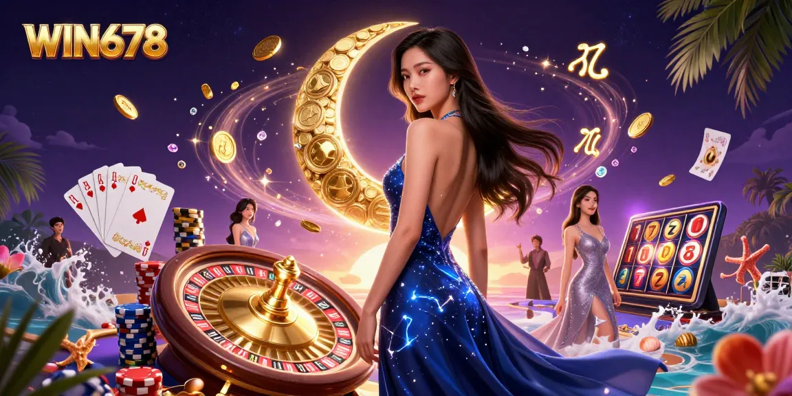 Spin your luck at WIN678 with exciting casino elements and glamorous Asian character amidst cascading coins.